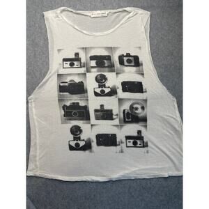A’GACI Retro Camera Graphic Muscle Tank Top White Raw Hem Size L